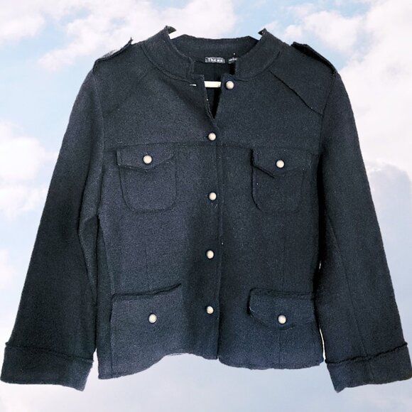 Vintage black wool military-inspired light jacket sweater XS 90s y2k boxy unisex - Picture 1 of 2